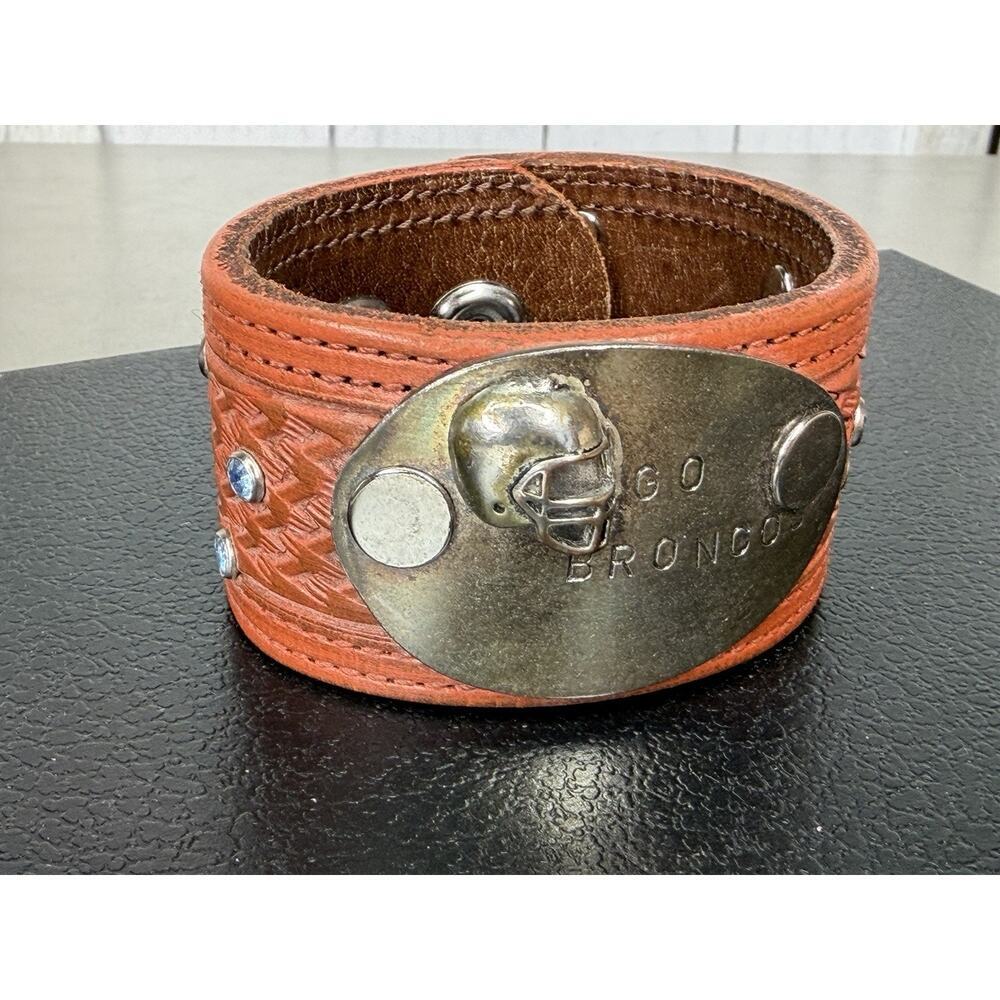 Broncos 925 Sterling Silver Leather Cuff Bracelet Jeweled Stamped Boho Football